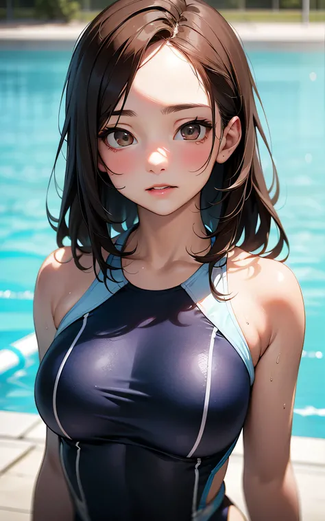 absurderes:2.0、(racing swimsuit)、realistic, Unity 8K Wallpaper, Masterpiece, Realistic face, Realistic skin feeling ,detailed hair, highly detailed, realistic glistening skin, Cute Girl, Perfect face, charming face, Glossy skin, forehead,(upper body:1.6), ...