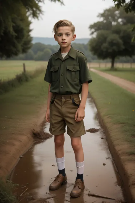 Molching, Germany, 1941. landscape view, ((((12-year-old)) Rudy Steiner)), very thin boy, athletic, bony legs, gangly eyes, ((covered in mud, dirty)), ((moody expression)). ((((clothings from the 1940s, boy youth uniform, shirt and shorts)))), ((light-blon...