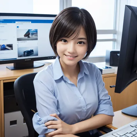 Best-quality, Masterpiece, Ultra-High-Resolution, (Photorealistic:1.4), Raw-Photo, at office, 1girl, 15-years-old, the most famous Japanese idol, selfie, sitting on business-chair, innocent-smile, extremely cute face, extremely beautiful big-black-eyes, ex...