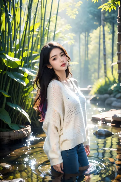 1 girl, colorful hair, (brown eyes), (extremely delicate and beautiful), (sweater), bamboo forest, water pool, front, butterfly,...