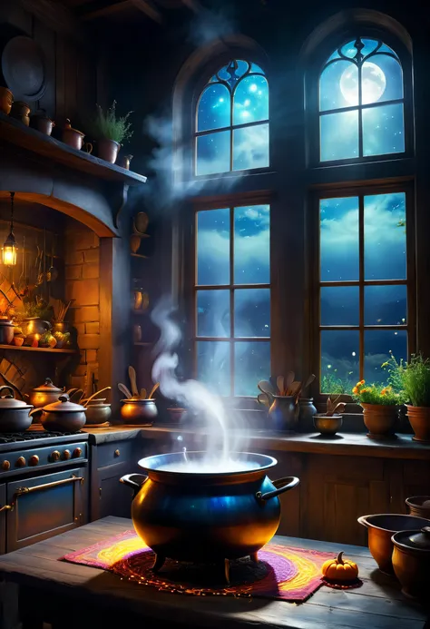 ((Tyndall effect,dark,darkness,Moonlight shining through the window)),A large pot with steam rising up,The Witchs Kitchen,eerie atmosphere,masterpiece,最高masterpiece,highest quality,rendering,rich colors,colorfulな呪文を唱える,dream-like,Detailed details,In detail...