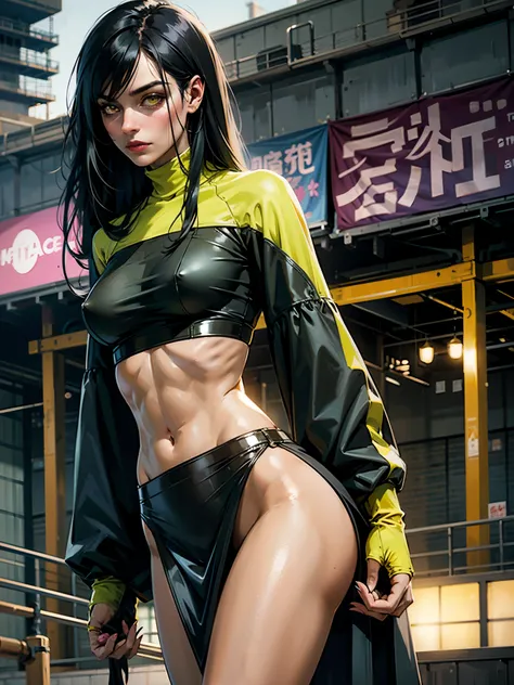 1girl, long black hair, fringe hair, emotionless, skinny body, , purple and green clothing, mature face, yellow eyes, techwear, wearing crop top, mini skirt, japanese city, absurdres, high res, ultrasharp, 8K, masterpiece, looking at viewer, nsfw