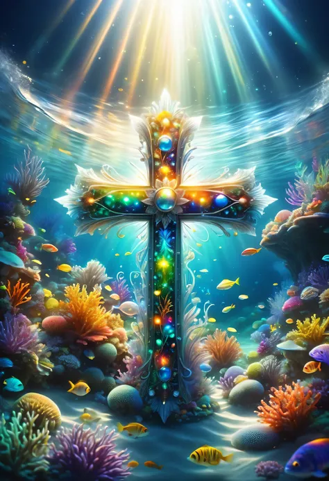 ((tyndall effect,dark,darkness,straight light shining into the ocean floor:light shining on a small silver cross lying on the oc...