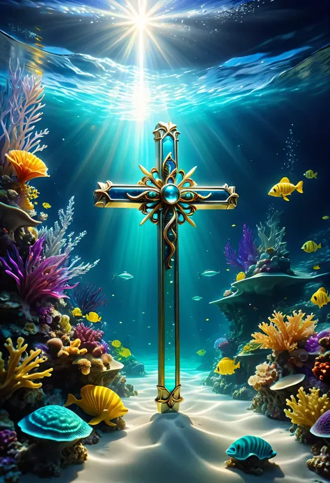 ((tyndall effect,dark,darkness,straight light shining into the ocean floor:light shining on a small silver cross lying on the oc...