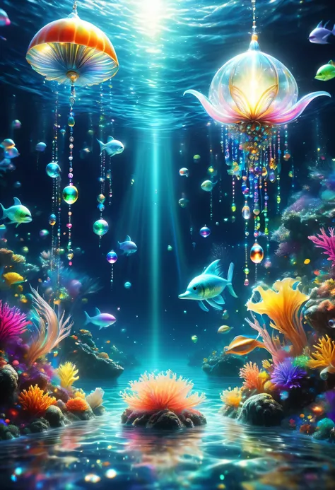 ((Tyndall effect,dark,darkness,Straight light shining into the ocean floor:Light shining on a small silver rosary lying on the ocean floor)),floating translucent underwater creatures,Gradation,masterpiece,最高masterpiece,highest quality,rendering,rich colors...