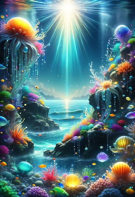 ((Tyndall effect,dark,darkness,Straight light shining into the ocean floor:Light shining on a small silver rosary lying on the ocean floor)),floating translucent underwater creatures,Gradation,masterpiece,最高masterpiece,highest quality,rendering,rich colors...