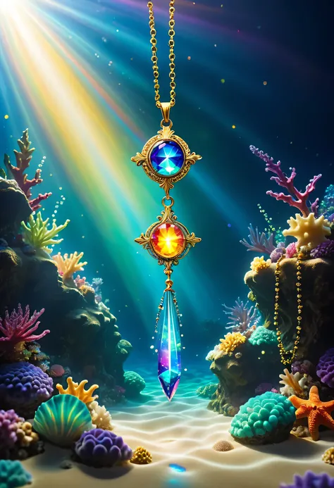 ((Tyndall effect,dim,Straight light shining into the ocean floor)),The light shining on the top of a small rosary pendant lying on the ocean floor,Gradation,masterpiece,最高masterpiece,highest quality,rendering,rich colors,colorfulな呪文を唱える,dream-like,Detailed...