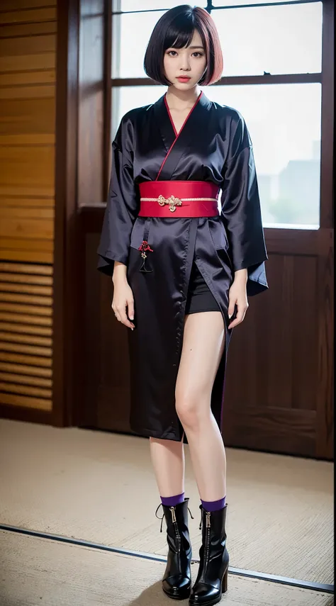 ulzzang-6500-v1.1,  (RAW photo:1.2), (Photoreal), (genuine:1.4), (muste piece), Classy woman with perfect figure: 1.3, jet black hair、((Straight bob cut hair with neatly trimmed ends、bangs、red hair band))、(She is wearing a dark purple long-sleeved kimono w...