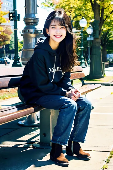 A neat and beautiful woman sitting on a park bench、hoodie、skinny denim、boots、black hair、refreshing smile、smiling showing teeth、full body photo
