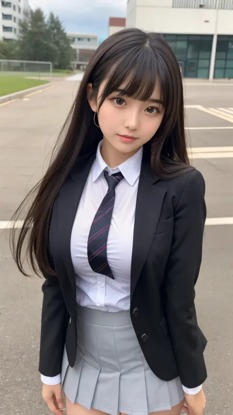 ((best quality)), ((muste piece)), (detailed breasts), (highlight), perfect face、detailed face、Emphasizes large breasts、young girl、blunt bangs、black hair、student council president、blazer and miniskirt、school uniform、Japanese high school girl、cosplay、