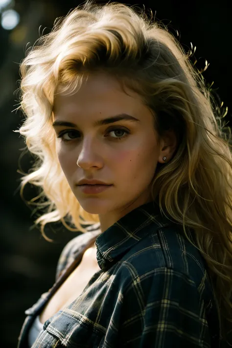 photograph of a woman, (troubled facial expression), textured skin, goosebumps, blonde afro hair, plaid flannel shirt with distressed boyfriend jeans, cowboy shot, dark and mysterious cave with unique rock formations and hidden wonders, perfect eyes, (cand...