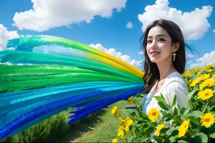 law of attraction, universe, blue sky, green hill, glittering, angel, wings, happiness, rainbow aura, photorealistic, super detailed, 