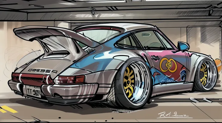 porsche 911 rwb, wide body, sketch, 
cartoonish, comic strip, chip foose car rendering, chrome wheels, bagged, slammed to the gr...