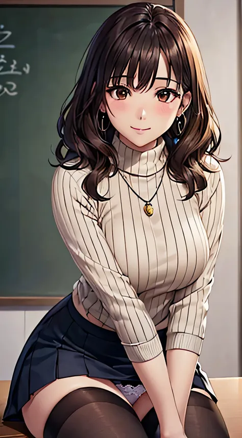 (table top, highest quality, High resolution, , perfect pixel, 4k,), 1 girl, single, alone, Beautiful woman、I could see the whole body、 ((Wavy mid-hair, bangs, brown hair)), ((brown eyes, beautiful eyelashes, realistic eyes)), ((detailed face, blush:1.2)),...