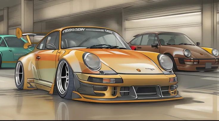 Porsche 911 rwb, wide body, sketch,
cartoonish, comic strip, Chip Foose car rendering, chrome wheels, bagged, slammed to the ground, empty parkinglot, style dessin manga, couleur