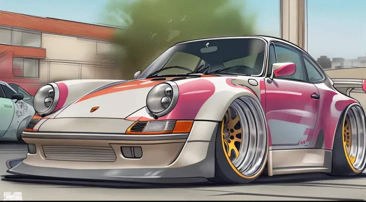 Porsche 911 rwb, wide body, sketch,
cartoonish, comic strip, Chip Foose car rendering, chrome wheels, bagged, slammed to the ground, empty parkinglot, style dessin manga, couleur