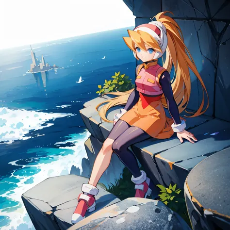 ciel_megamanz, 1girl, solo, long hair, blue eyes, blonde hair, ponytail, headgear, masterpiece, high quality, overlooking the ocean on the edge of a rock, in the style of avian-themed, realistic yet stylized, villagecore, azure, orange and azure, dragoncor...