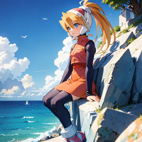 ciel_megamanz, 1girl, solo, long hair, blue eyes, blonde hair, ponytail, headgear, masterpiece, high quality, overlooking the ocean on the edge of a rock, in the style of avian-themed, realistic yet stylized, villagecore, azure, orange and azure, dragoncor...