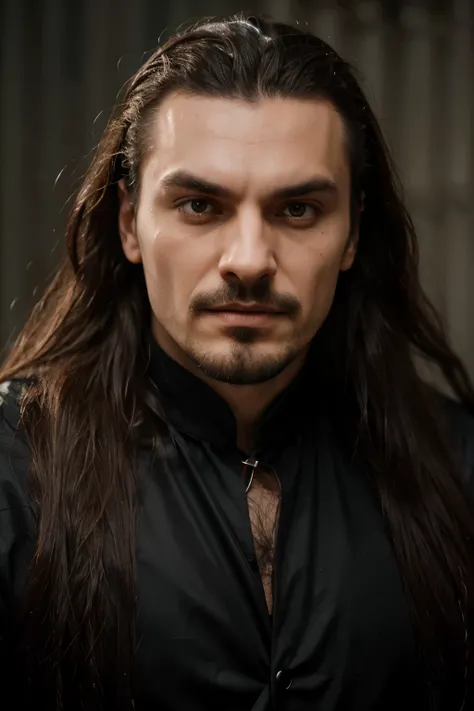 Create Vlad Tepes image with this characteristics : not a very tall person, strong and robust, with a strong nose and neck, curly long hair. Standing tall. I need to see the hole body. Put the dragon order symbol at the neck