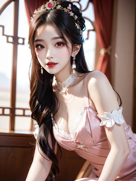 1 The young queen wears a red lace top, deep breasted pajamas, Chinese clothing, Ancient costume with phoenix pattern, Flawless white and pink face, the crown on her head, Black hair length and hip length, very beautiful and piercing brown eyes, Little red...