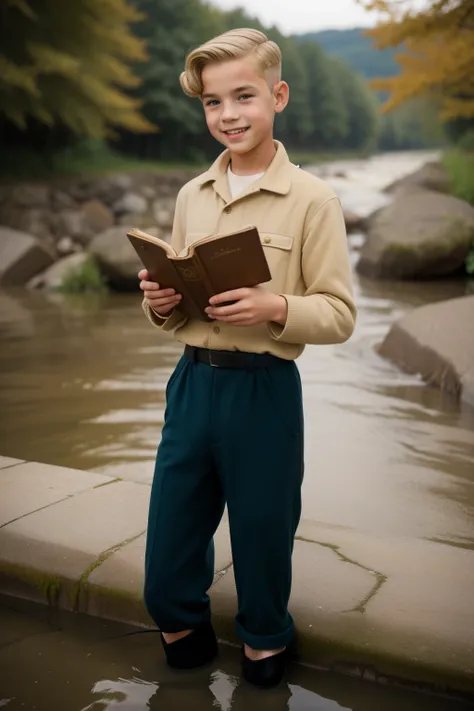 Molching, Germany, 1941. landscape view, ((((13-year-old)) Rudy Steiner)), very thin boy, athletic, bony legs, gangly eyes, deep inside the river, ((((water up to the waist)))), holding a book, smiling, winter, cold. ((((casual poor boy clothings from the ...