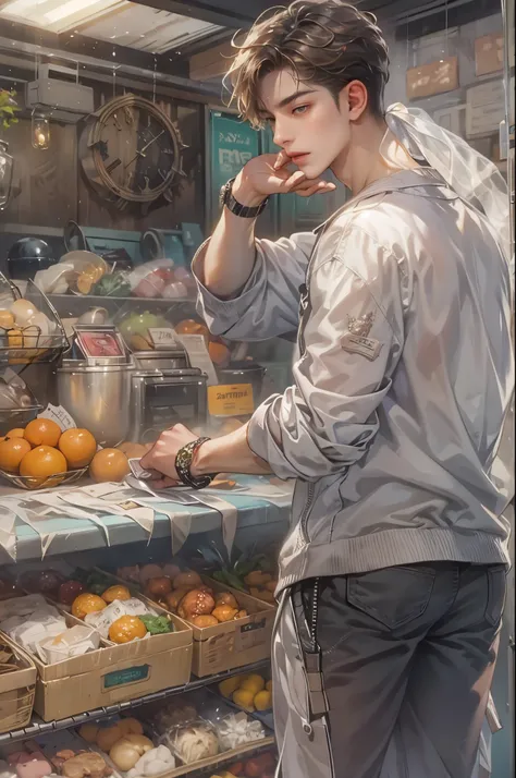 ((Best quality)), ((masterpiece)), (detailed), ((perfect face)), ((halfbody)) handsome face, male, teen boy,  perfect proportions , an artwork created by nardack, casual outfit, detailed market interior scenery background 