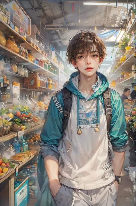 ((Best quality)), ((masterpiece)), (detailed), ((perfect face)), ((halfbody)) handsome face, male, teen boy,  perfect proportions , an artwork created by nardack, casual outfit, detailed market interior scenery background 