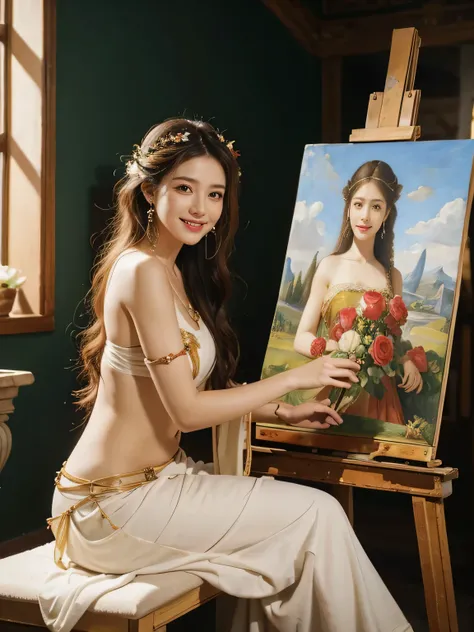 Giorgione painting style,roses in vase、fruits、Cute trinkets、smile、ancient greek costume、Clothes that stretch your shoulders、A big smile、beautiful bare skin,Female painter painting oil in her studio