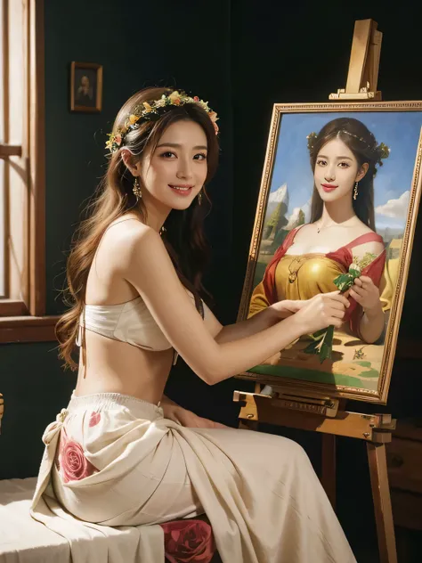 Giorgione painting style,roses in vase、fruits、Cute trinkets、smile、ancient greek costume、Clothes that stretch your shoulders、A big smile、beautiful bare skin,Female painter painting oil in her studio