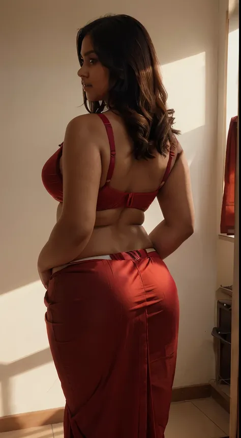 Chubby girl wearing saree, big , curvy, red Saree, cute face, perfect sunlight on body, color grading, contrast, saturation, view from back, camera angle from back, hot back body, bra, red bra strap