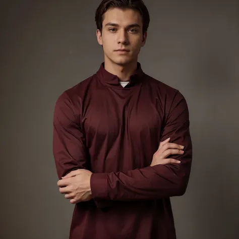 The man is wearing a long-sleeved maroon colored drill shirt with his arms crossed