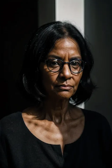 O rosto de uma mulher de 75 anos, preto, with preto hair, on a dark background and with dramatic light, with glasses, preto and reflective eyes, with contemplative expression, dramatic light, fotorealistic image, foto, fotography., 8K