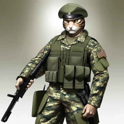 (((cat soldier)): Full-length portrait of an anthropomorphic cat in a military uniform., ((detailed fur)), ((sharp focus)), I stand tall with my paws on my hipilitarian hat)), ((camouflage clothing)), ((Gun holster)), ((serious expression)), ((realistic li...