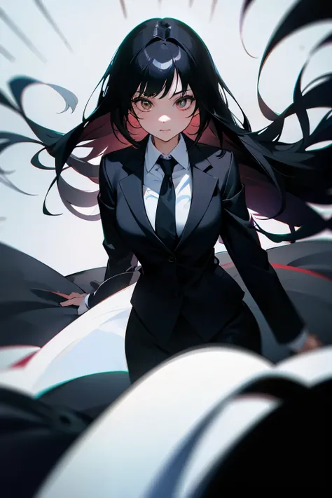 1 girl, long black hair, White eyes, wearing a business suit, High resolution, super sharp, 8k, masterpiece, looking at the viewer, disorganized