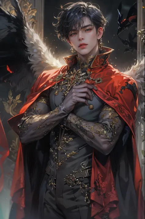 ((Best quality)), ((masterpiece)), (detailed), ((perfect face)), ((halfbody)) handsome face, male, teen boy,  perfect proportions , a male character hero from vampire saviour comics in a gnostic outfit, succubus, incubus, vampire, dark cape, dark castle, d...