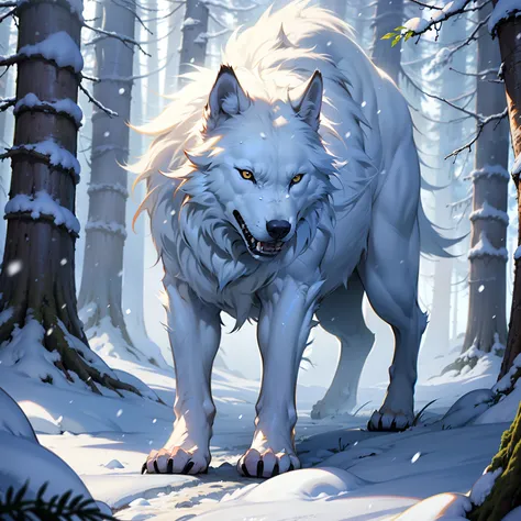 slender and thin white wolf, image of snow wolf in ice pine forest, large and beautiful ice forest, white wolf, falling snow, re...