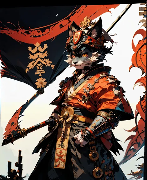 32K UHD QUALITY RESOLUTION, black cat, samurai warrior, highly detailed samurai battle armor and sashimono war flag, blood splattered, cherry blossoms blowing in the wind, post apocalyptic feudal Japan background 