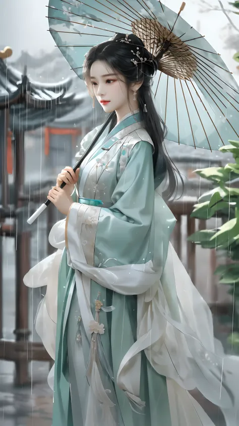 Yue Xiaofei style fashion event，Woman holding an oil-paper umbrella on her shoulders to protect herself from the rain, light jade, Ethereal dreams, Tang Youhong, elegant, detailed design, dansaekhwa paper umbrella Hanfu holding umbrella when it rains
