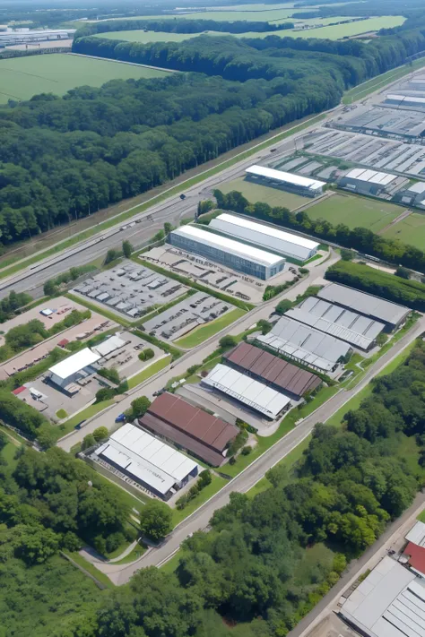 Generate a panoramic view of the factory buildings in the industrial park，There are small trees and roads，Panorama realism，45-degree overhead shot