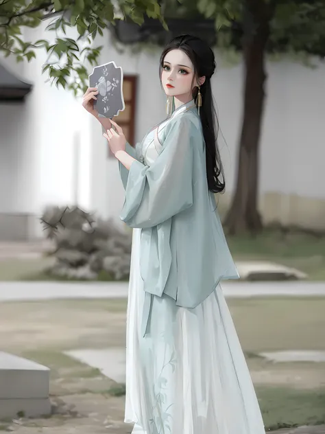 A woman in a long dress holds a mirror in her hands, Hanfu, white Hanfu, Paired with ancient Chinese costumes, Wearing ancient Chinese clothing, Traditional Chinese costumes, palace ， a girl in Hanfu, style of guo hua, Chinese style, Hanfu, sea green and w...