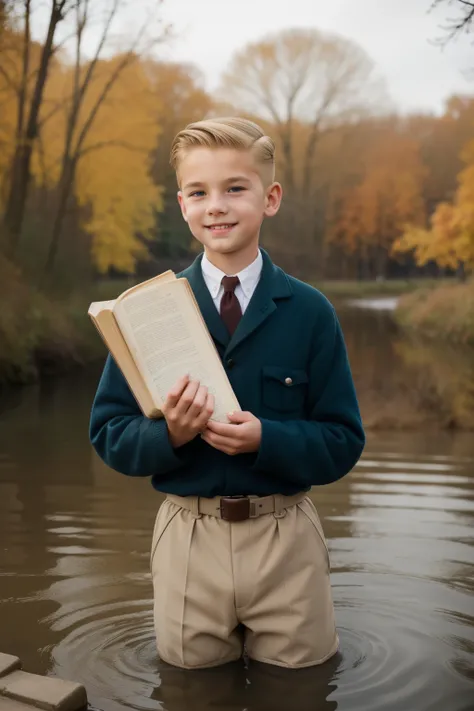 Molching, Germany, 1941. ((((13-year-old)) Rudy Steiner)), very thin boy, athletic, bony legs, gangly eyes, deep inside the river, ((((water up to the waist)))), holding a book, smiling, winter, cold. ((((casual poor boy clothings from the 1940s)))), ((lig...