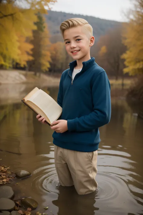 Molching, Germany, 1941. ((((13-year-old)) Rudy Steiner)), very thin boy, athletic, bony legs, gangly eyes, deep inside the river, ((((water up to the waist)))), holding a book, smiling, winter, cold. ((((casual poor boy clothings from the 1940s)))), ((lig...