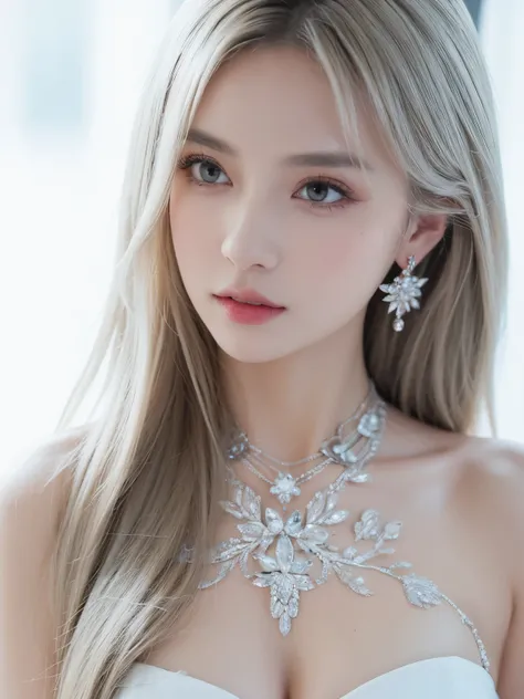 (masterpiece, best quality: 1.4), Detailed background, White crystal, crystal cluster,long hair,jewelry, earrings, necklace, crown, bride, white hair, halo,