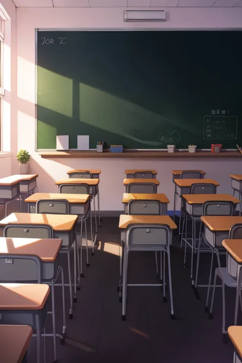 primary school、in class、landscapes、chalk board、desk、pupils