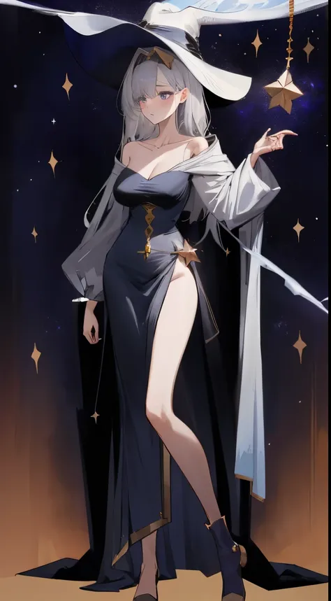 Leakage out of the collarbone，Neck leakage，sorceress woman，Magic Hat，Star decoration，stand posture，standing straight，Magic dress，open waist