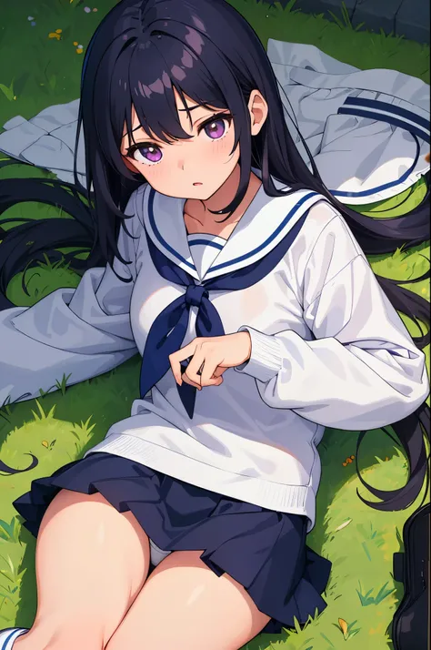 riverbed lawn　elementary school girl　8-year-old　flat chest　black hair　long hair　eyes are purple　（（1 person））　White upper body long sleeve sailor uniform　Lower body navy blue miniskirt　white panties　white socks　sports boots　lying down on the grass　look up　s...