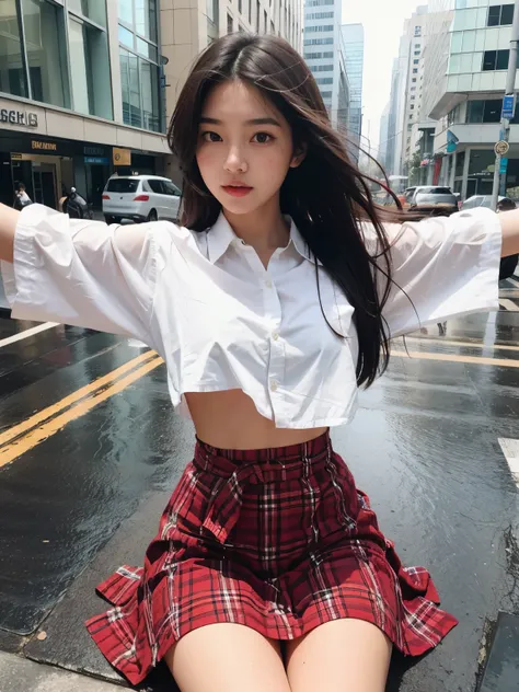 (((2 girls two shot)))(((highest quality)))(((Raw photo)))(((details face)))(((baby face)))((()))(((detail body)))(((model body shape)))(((seductive body)))(((NSFW)))(((long hair that reaches to the waist))) (rain, street:1.3), bandeau dress: 1.1, (((flann...