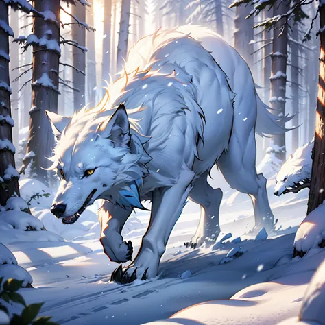 thin white wolf, slender white wolf, image of snow wolf in ice pine forest, icefield forest, long flull, falling snow, realistic...