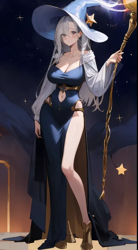 Leakage out of the collarbone，Neck leakage，sorceress woman，Magic Hat，Star decoration，stand posture，standing straight，Magic dress，open waist