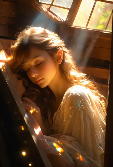 Tyndall effect，Tyndall lighting enhancement，Tyndall effect加强，Cute elf girl sitting curled up in dark cabin，Beautiful and delicate face，Look up at the skylight，Strong sunlight shines on her face through the only four-pane skylight，Tyndall effect，Tyndall lig...